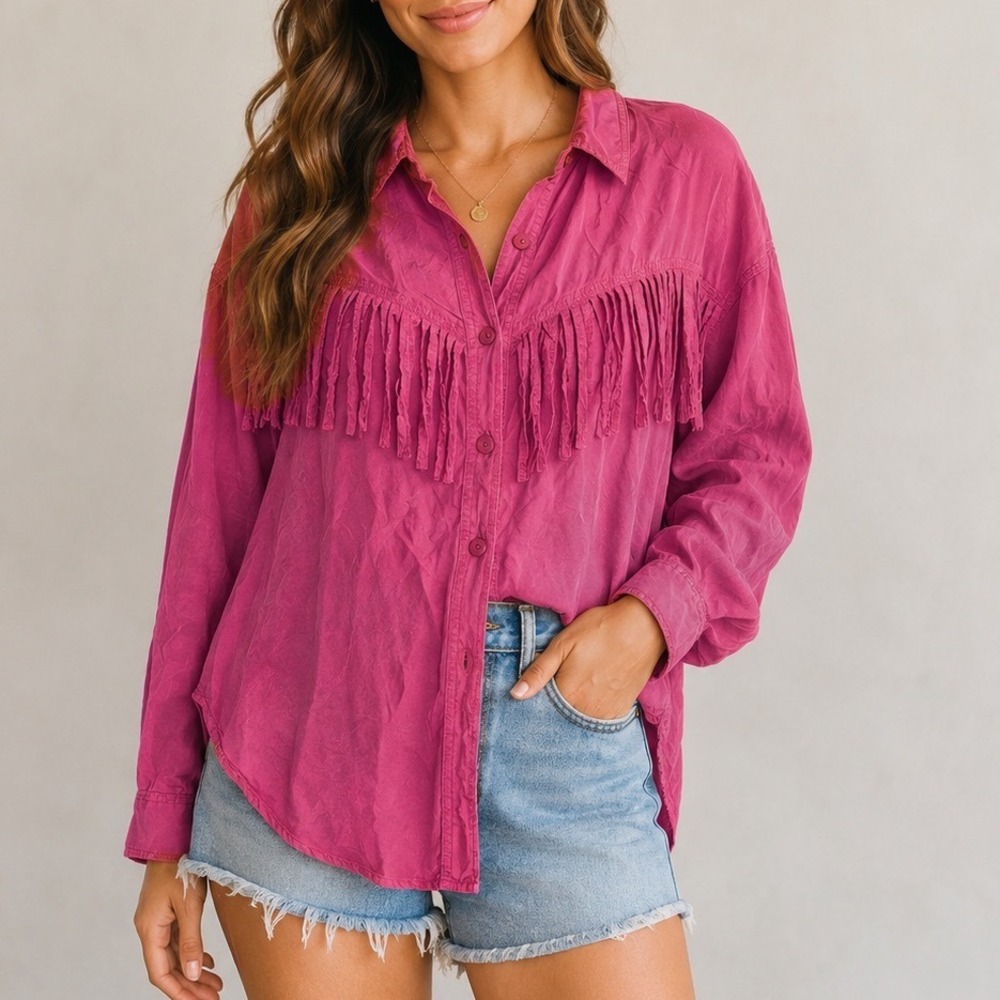 Cervelle Silk Fringe Button Up Shirt Large Western Boho Collared Pink Blouse